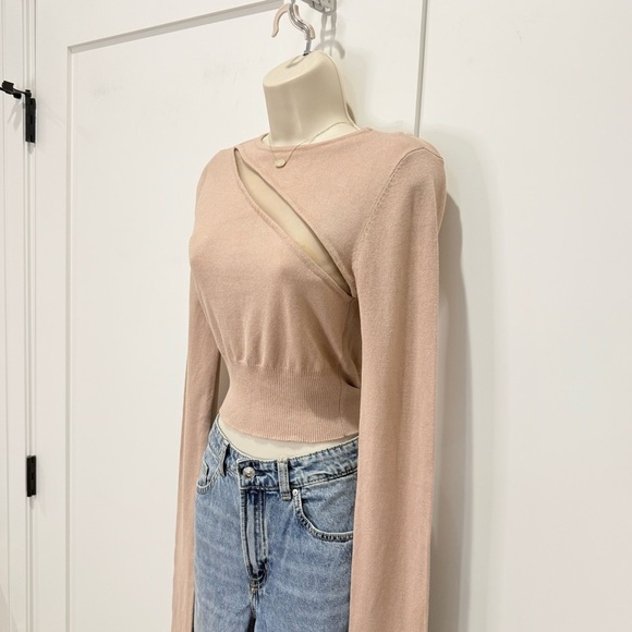 H:ours Jacklyn Sweater Cutout Mesh Cropped Neutral Tan Small Revolve Chic Edgy - Picture 5 of 11